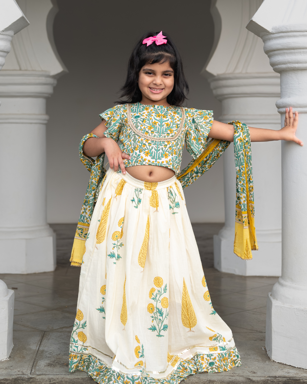 NIMBU | Mira Green Girls Lehenga Choli Skirt Top in Cotton