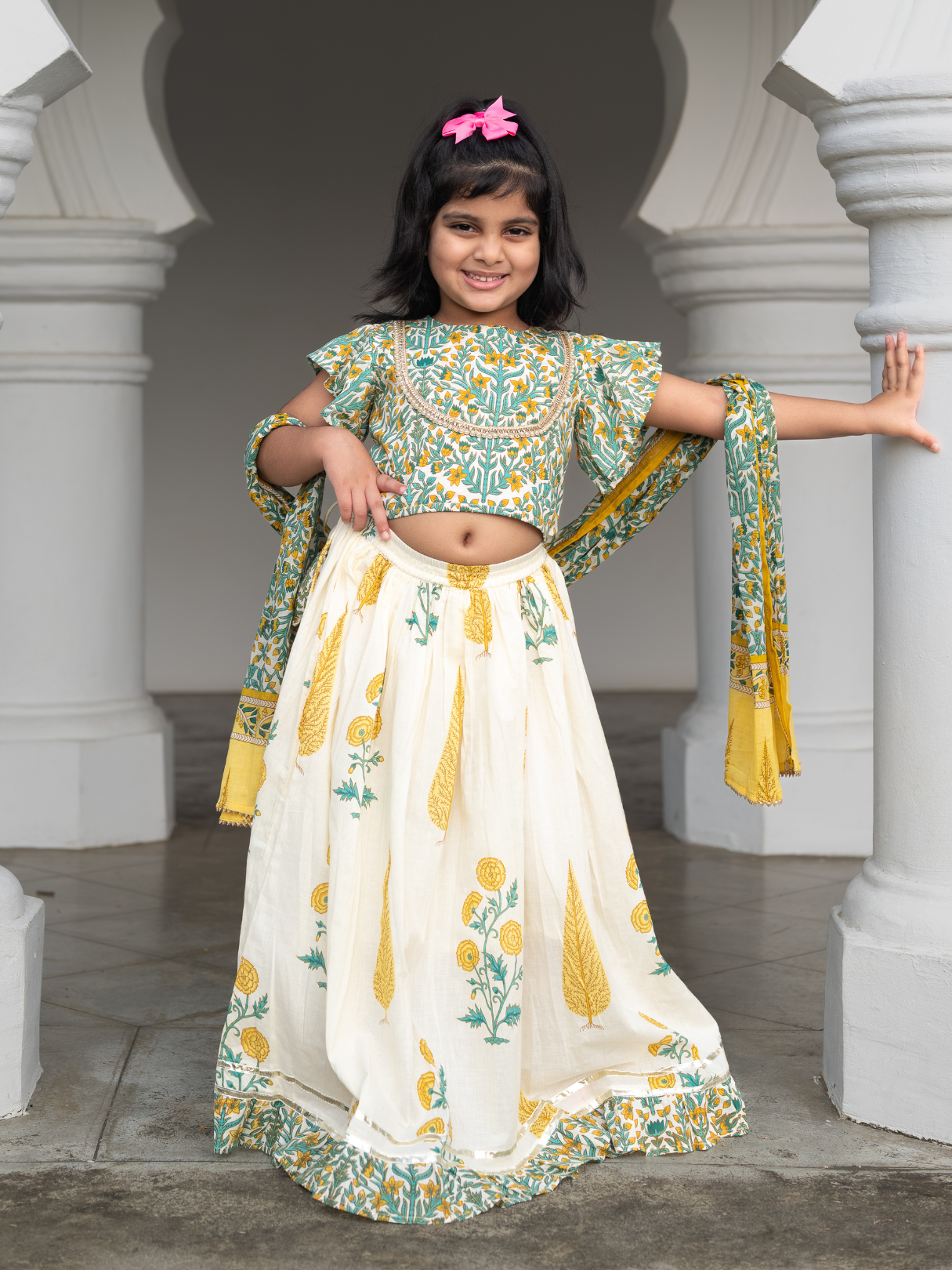 NIMBU | Mira Green Girls Lehenga Choli Skirt Top in Cotton