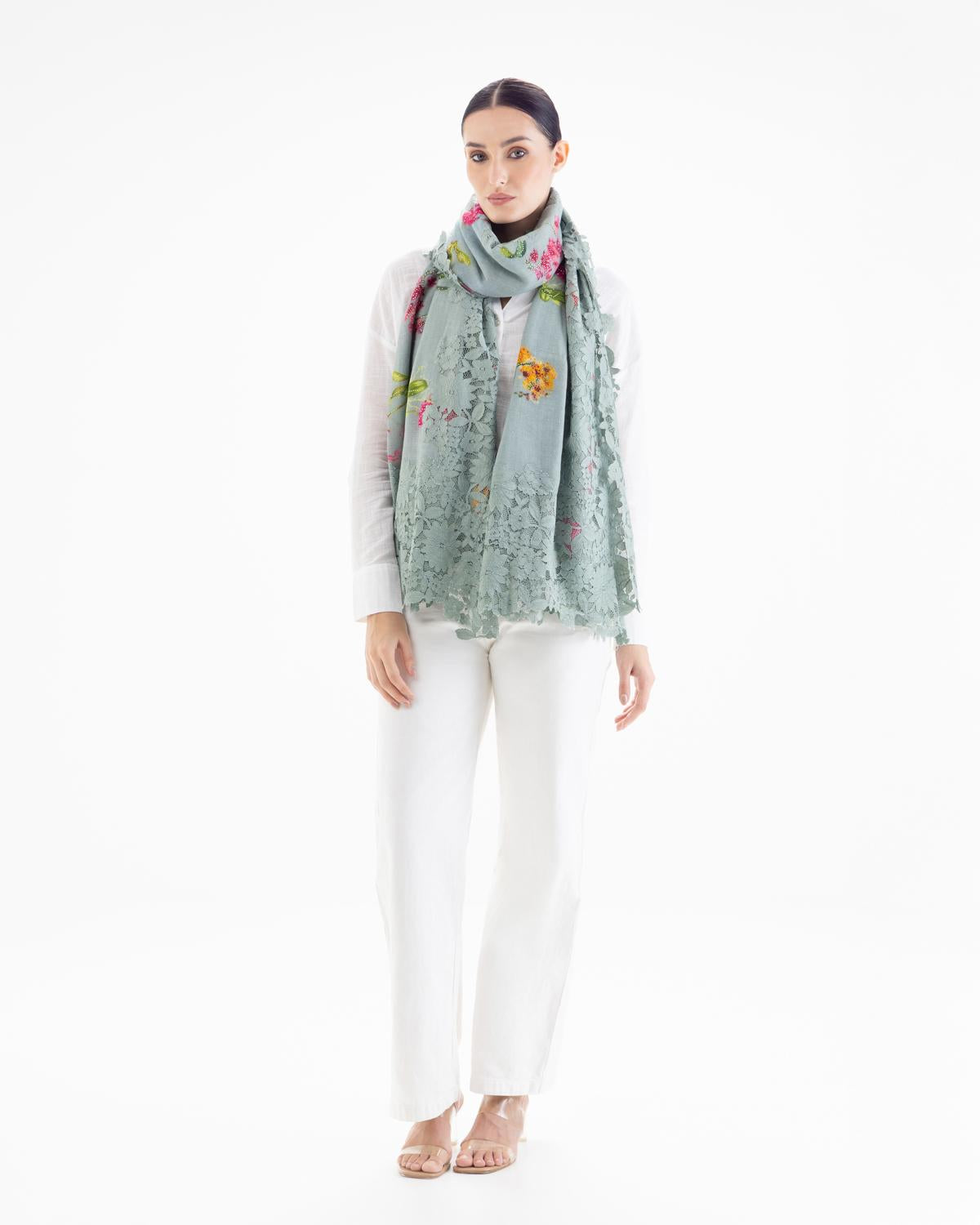 QUEENMARK | AN Assorted Lace Print Crystal Shawl Light Grey