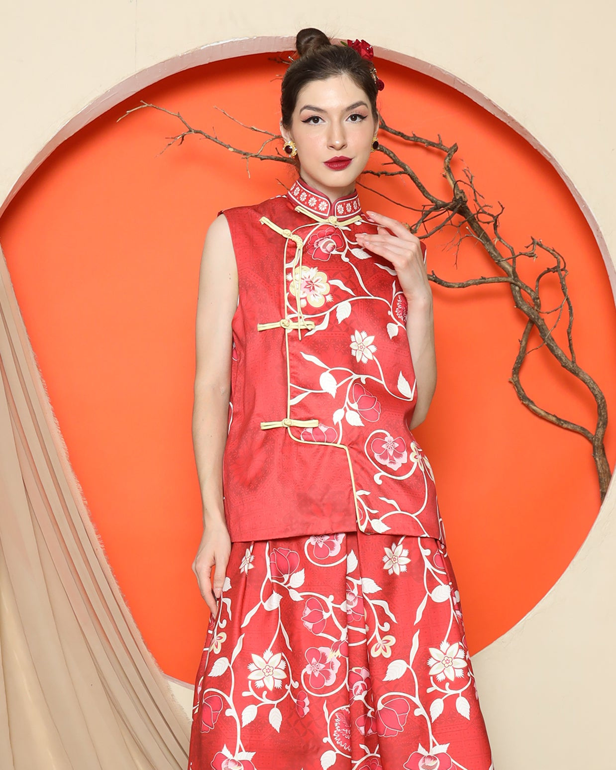 KANZI COLLECTION | Red Cheongsam Floral Vest With Floral Skirt