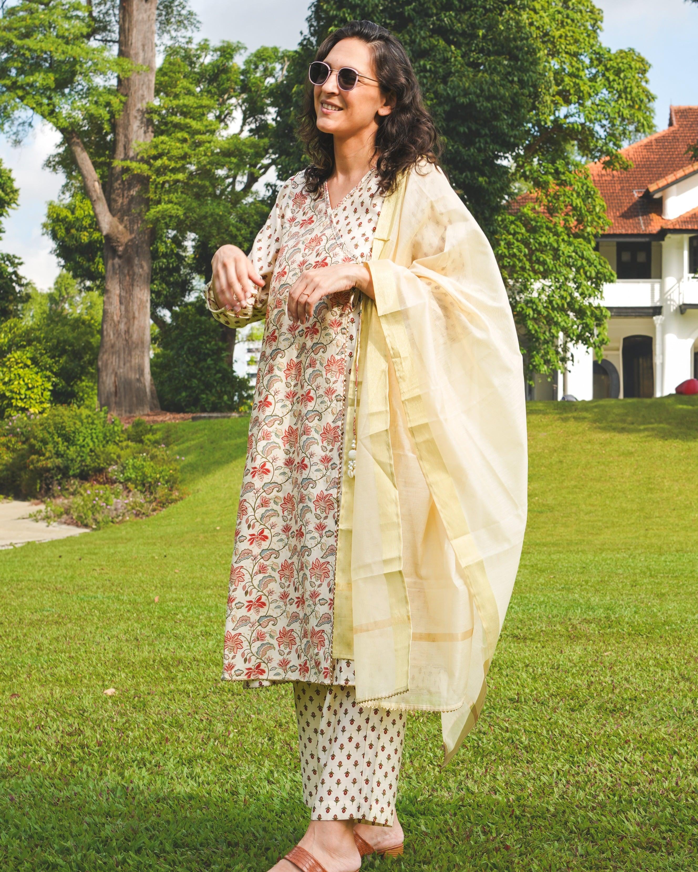 NIMBU | Nia Womens Pearl White Floral Angarkha Kurti & Salwar With Dupatta Set In Muslin Cotton