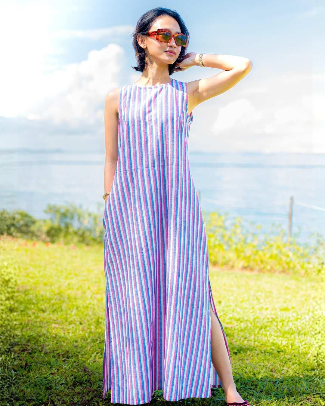 NIMBU | Luna Women's Slit Dress In Pink And Blue Stripes