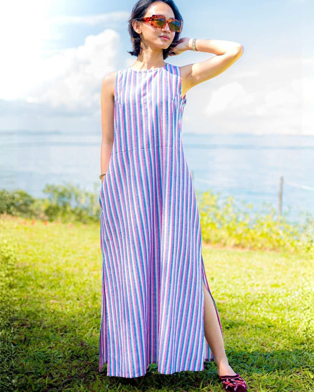NIMBU | Luna Women's Slit Dress In Pink And Blue Stripes