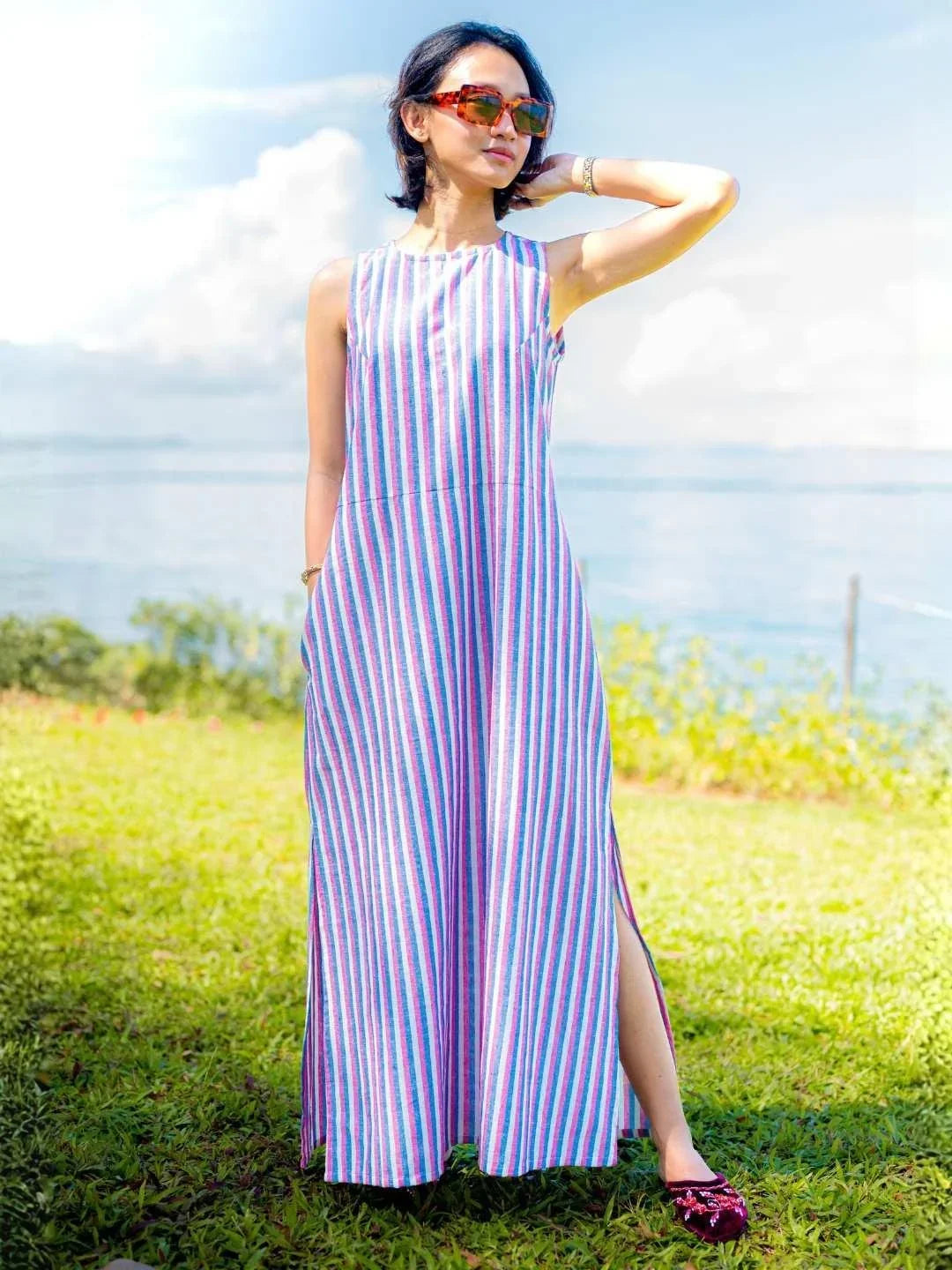 NIMBU | Luna Women's Slit Dress In Pink And Blue Stripes
