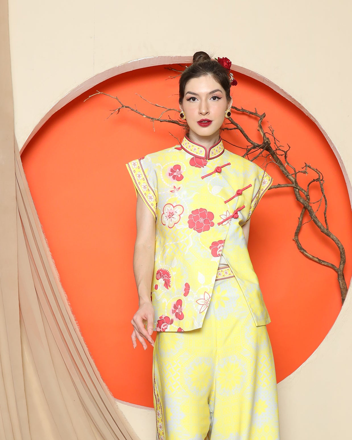 KANZI COLLECTION | Yellow Cheongsam Floral Vest With Wide Leg Pant Set