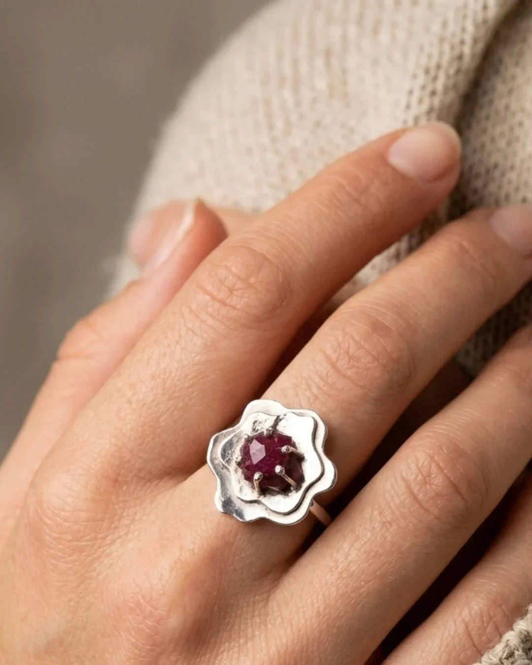 CREATIVE JEWELLERY STUDIO | Rosecut Heated 4.25ct Ruby, Silver Flower Ring by Lithosphere Jewels