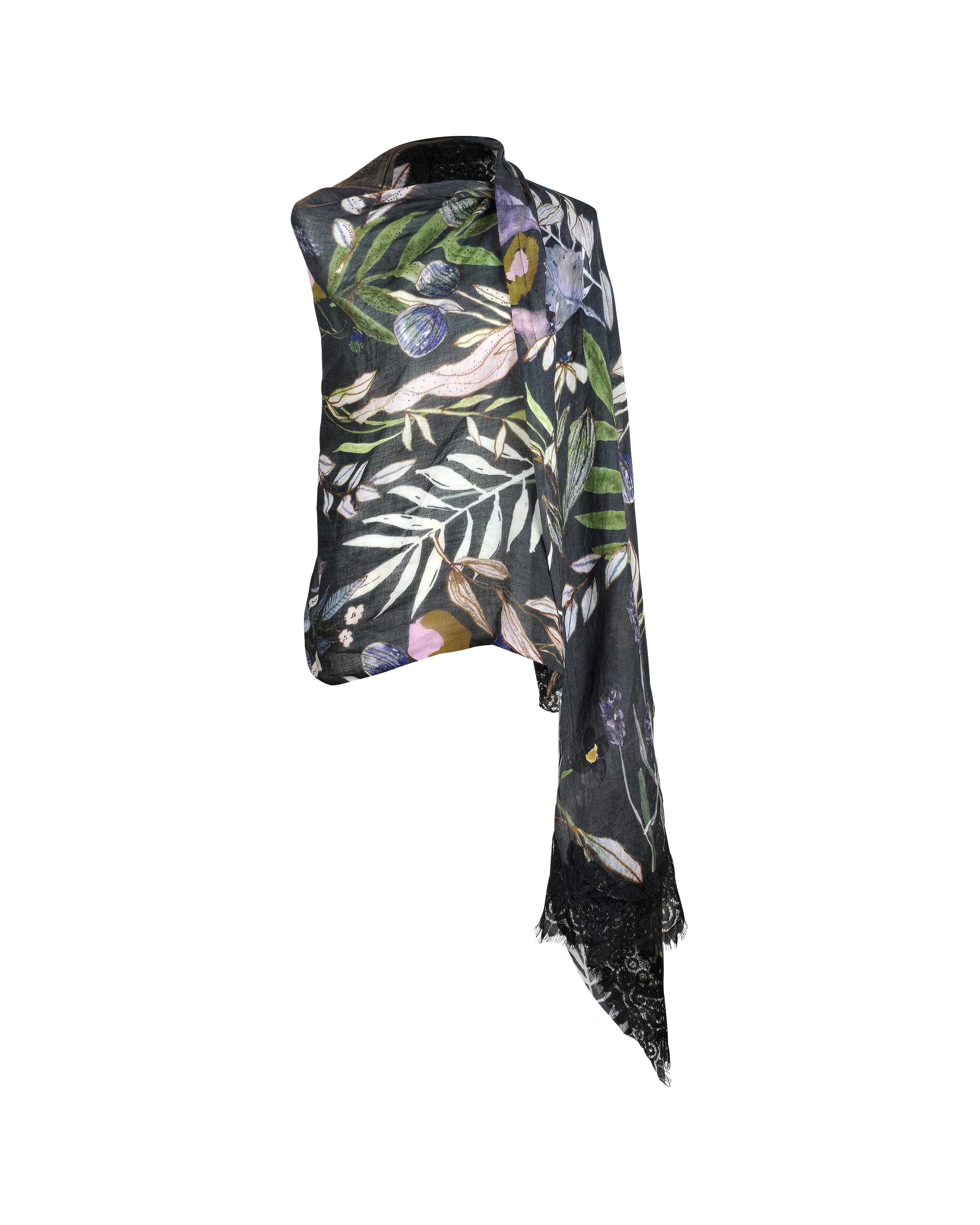 QUEENMARK | AN Printed Shawl 2024 Assorted Black Leaf
