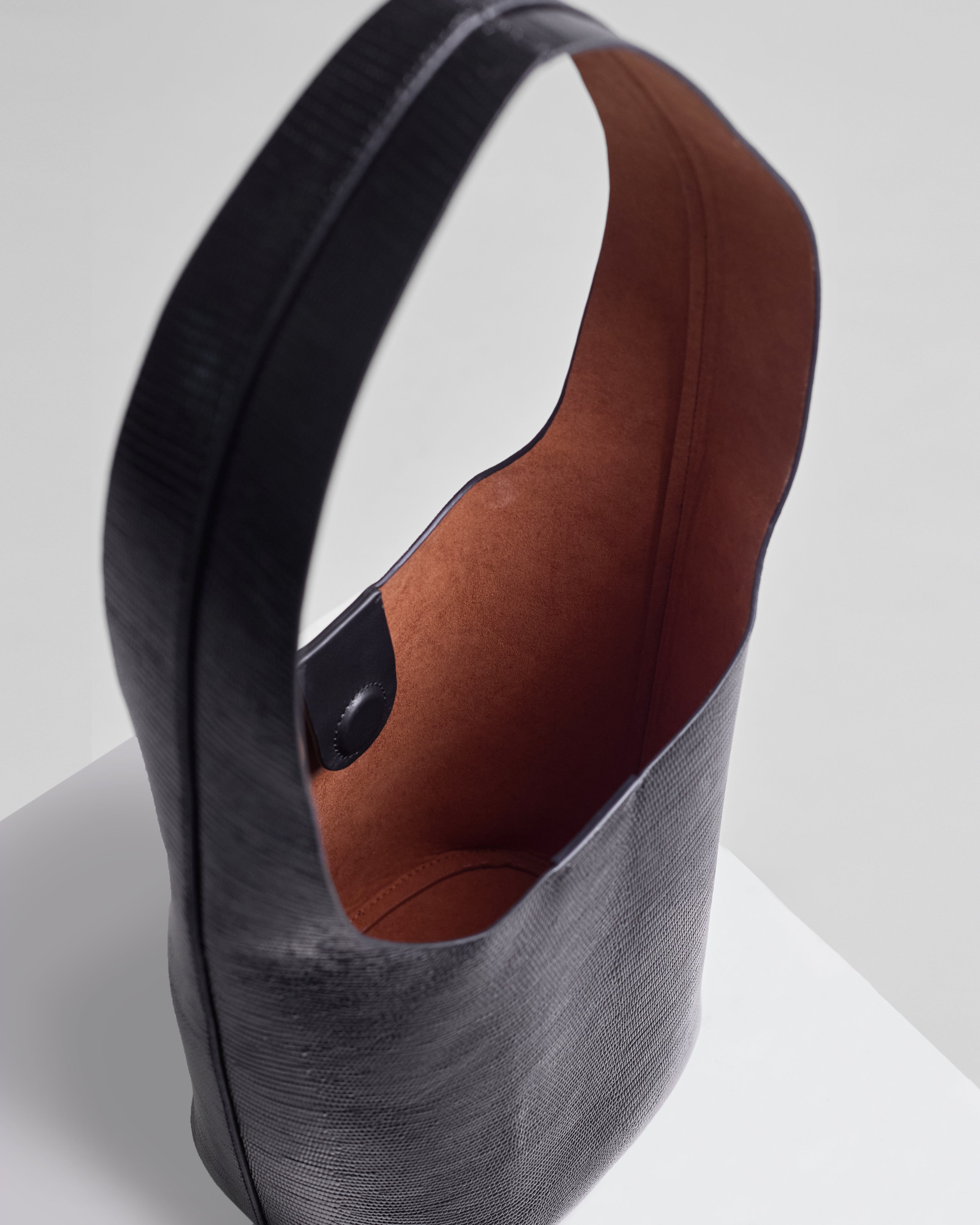 WU HAUS | Vessel Black Lizard Cow Embossed Bucket Bag