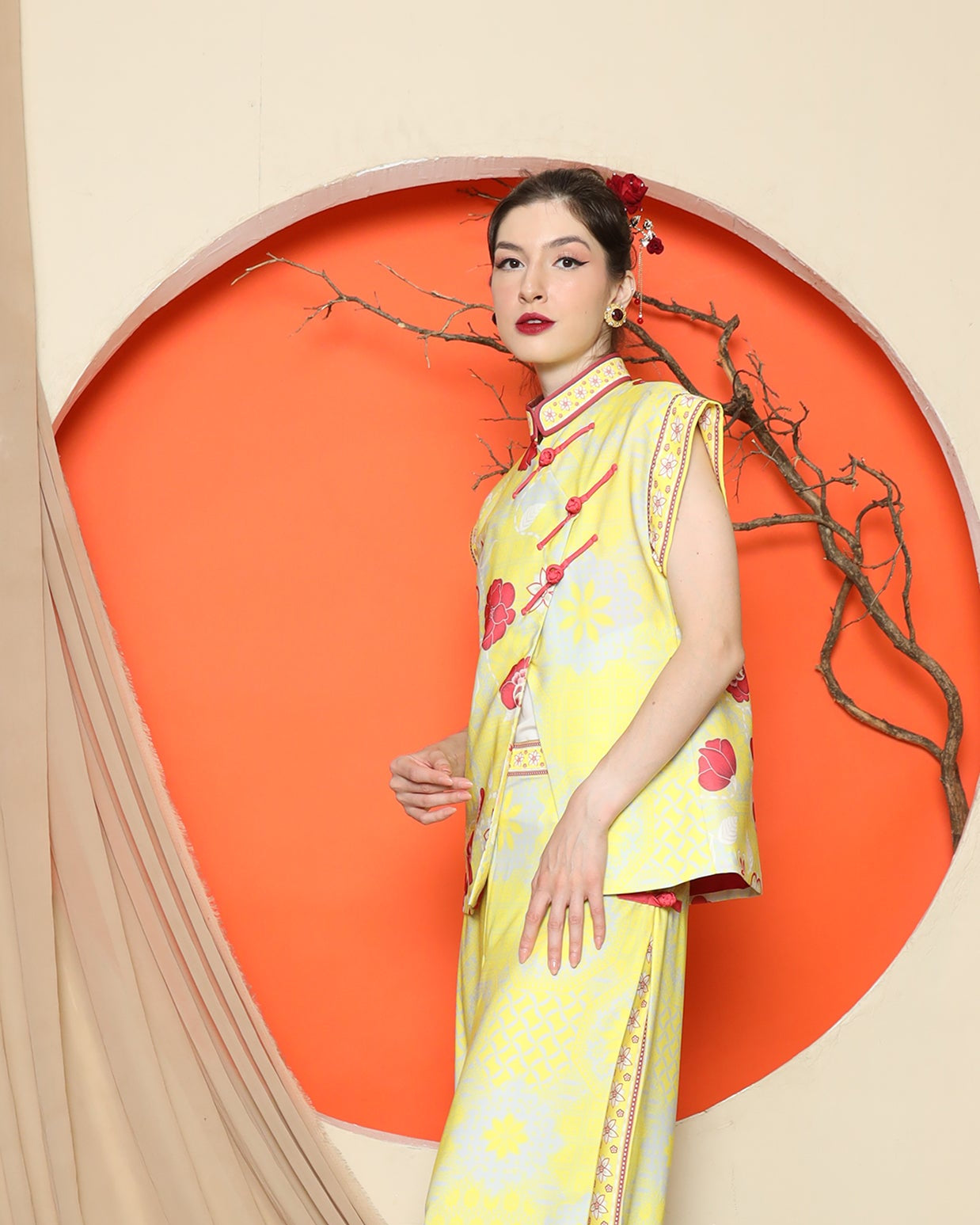 KANZI COLLECTION | Yellow Cheongsam Floral Vest With Wide Leg Pant Set