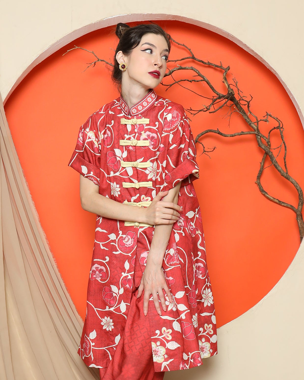 KANZI COLLECTION | Red Floral Cheongsam Pant Set