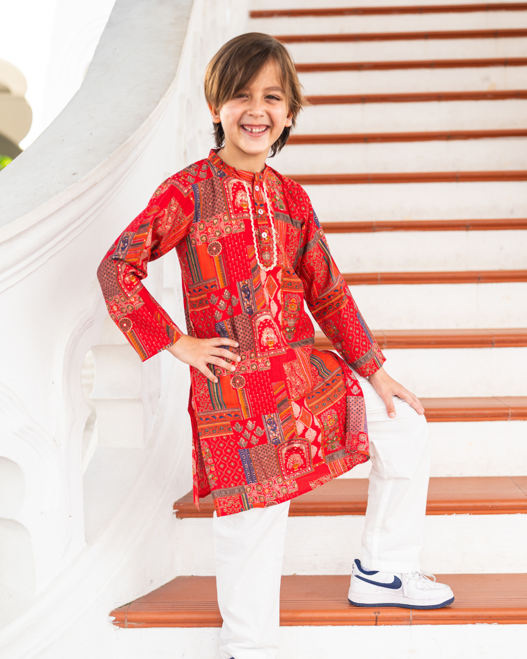 NIMBU | Amara Red Floral Boys Kurta Pajama in Muslin Cotton with Pockets