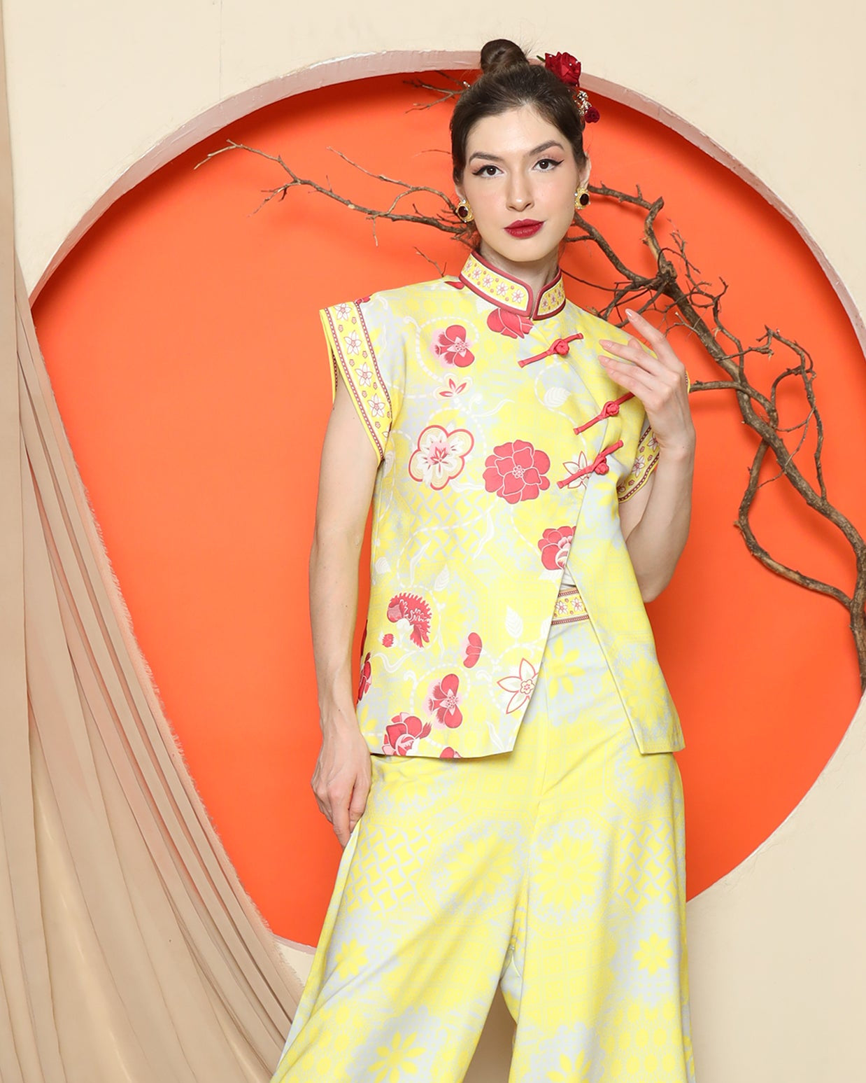 KANZI COLLECTION | Yellow Cheongsam Floral Vest With Wide Leg Pant Set