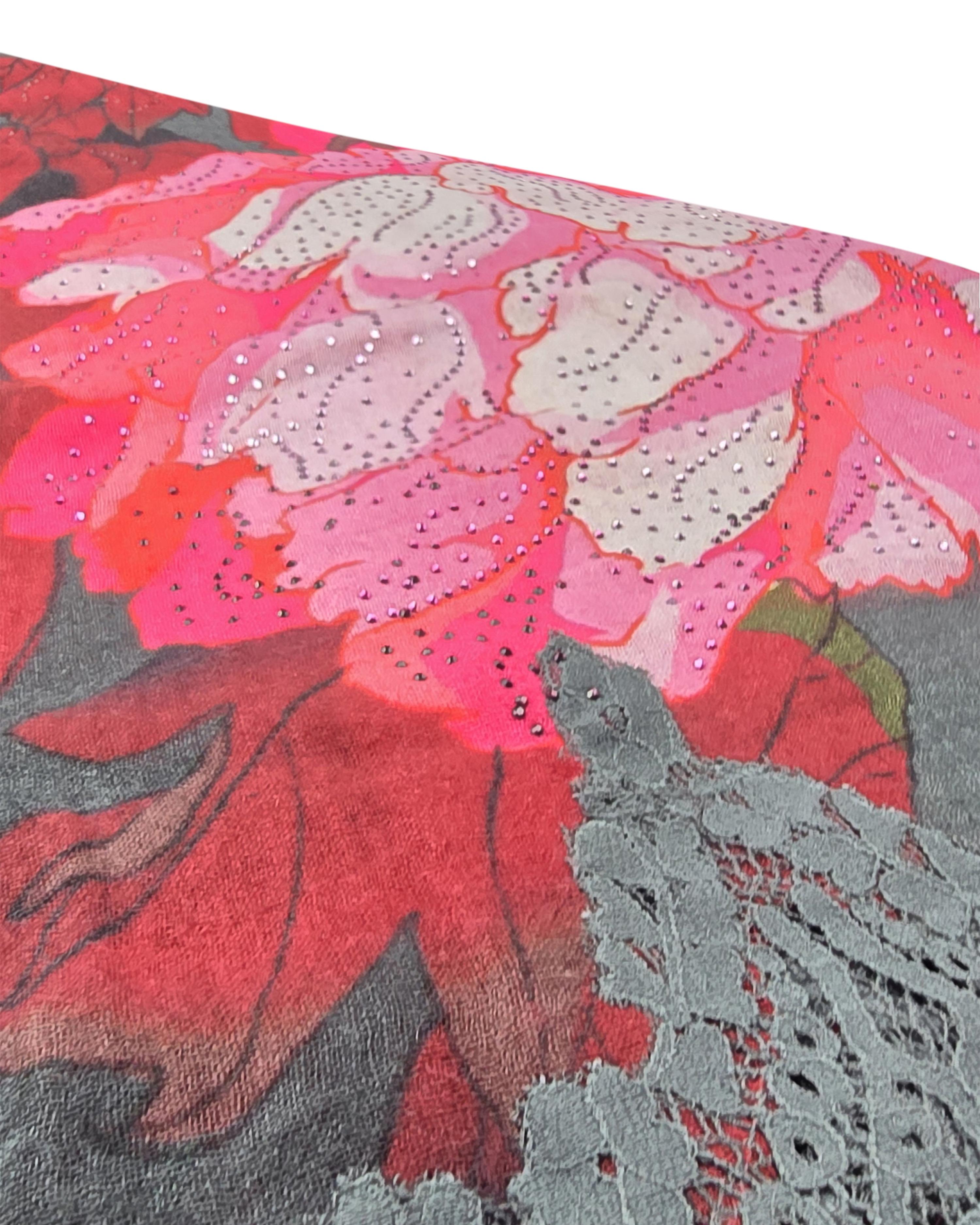 QUEENMARK | AN Printed Shawl 2024 Assorted Grey Pink Flower