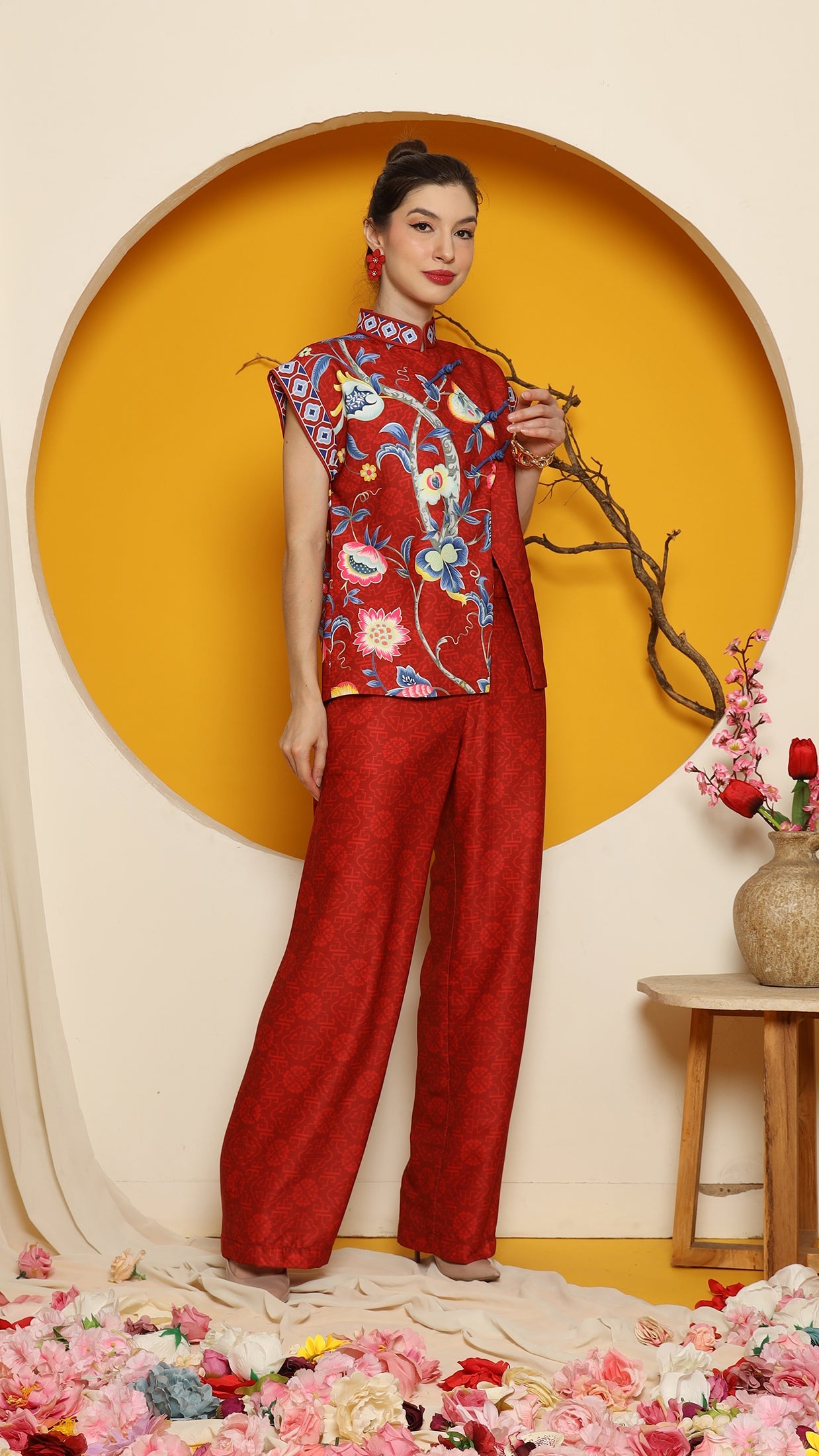 KANZI COLLECTION | Red Cheongsam Flower Vest With Pant Set