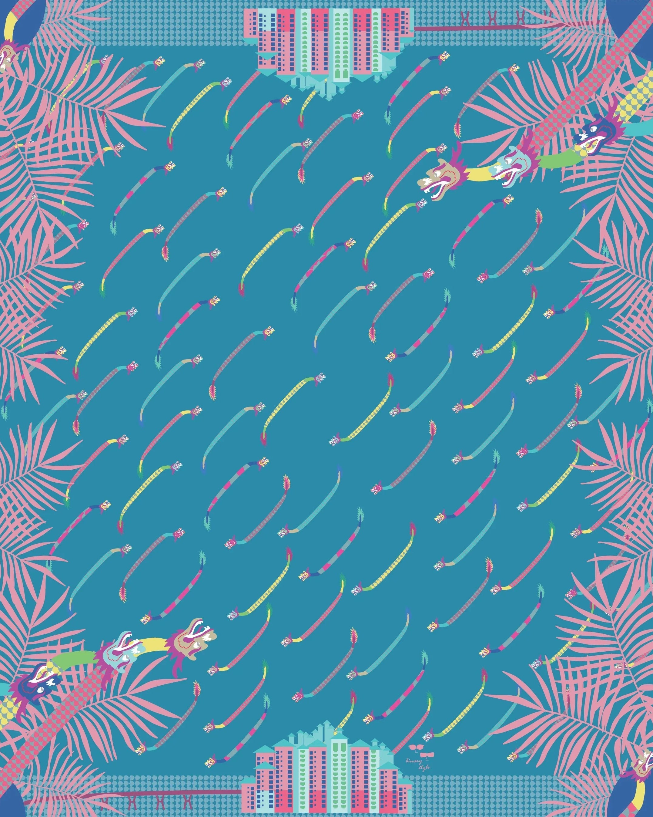 BINARY STYLE | Dragons On Singapore Water Silk Square Scarf 87X87 cm