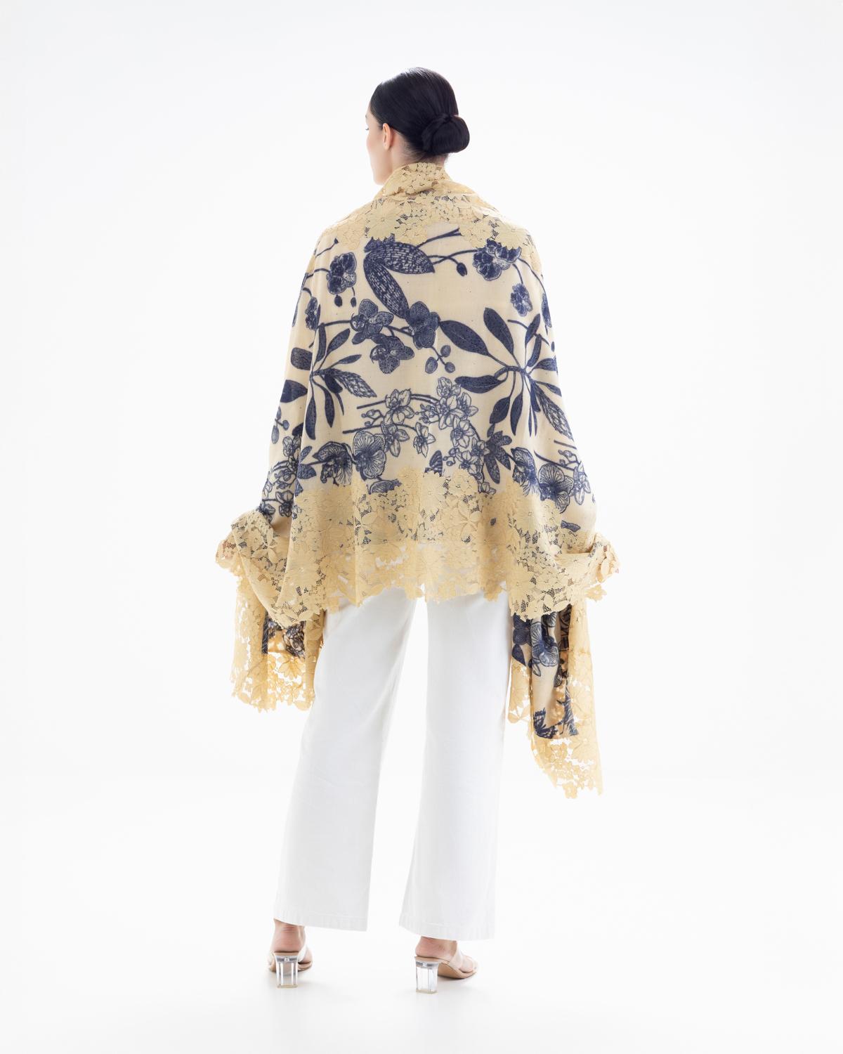 QUEENMARK | AN Assorted Lace Print Crystal Shawl Light Beige Blue Flower