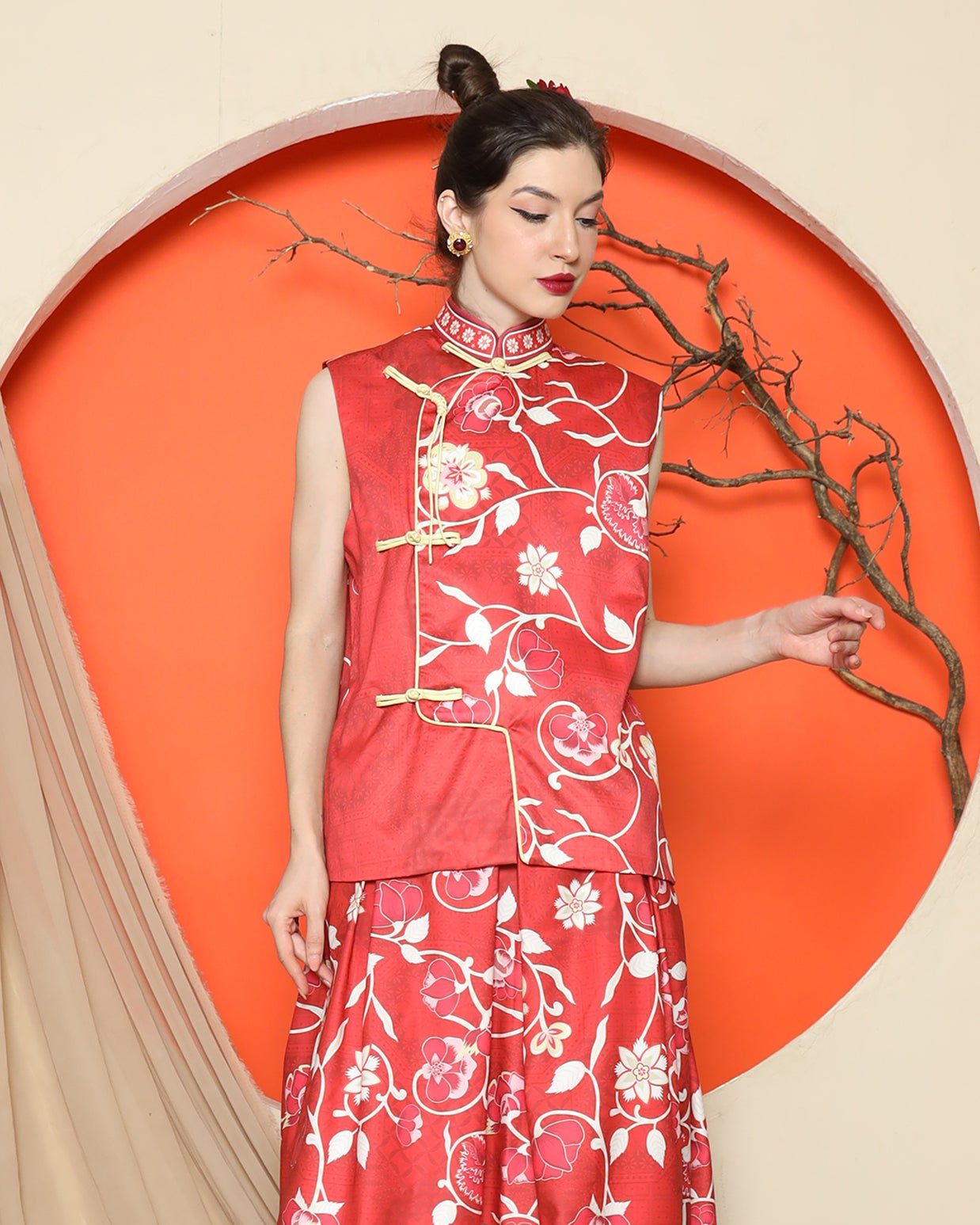 KANZI COLLECTION | Red Cheongsam Floral Vest With Floral Skirt