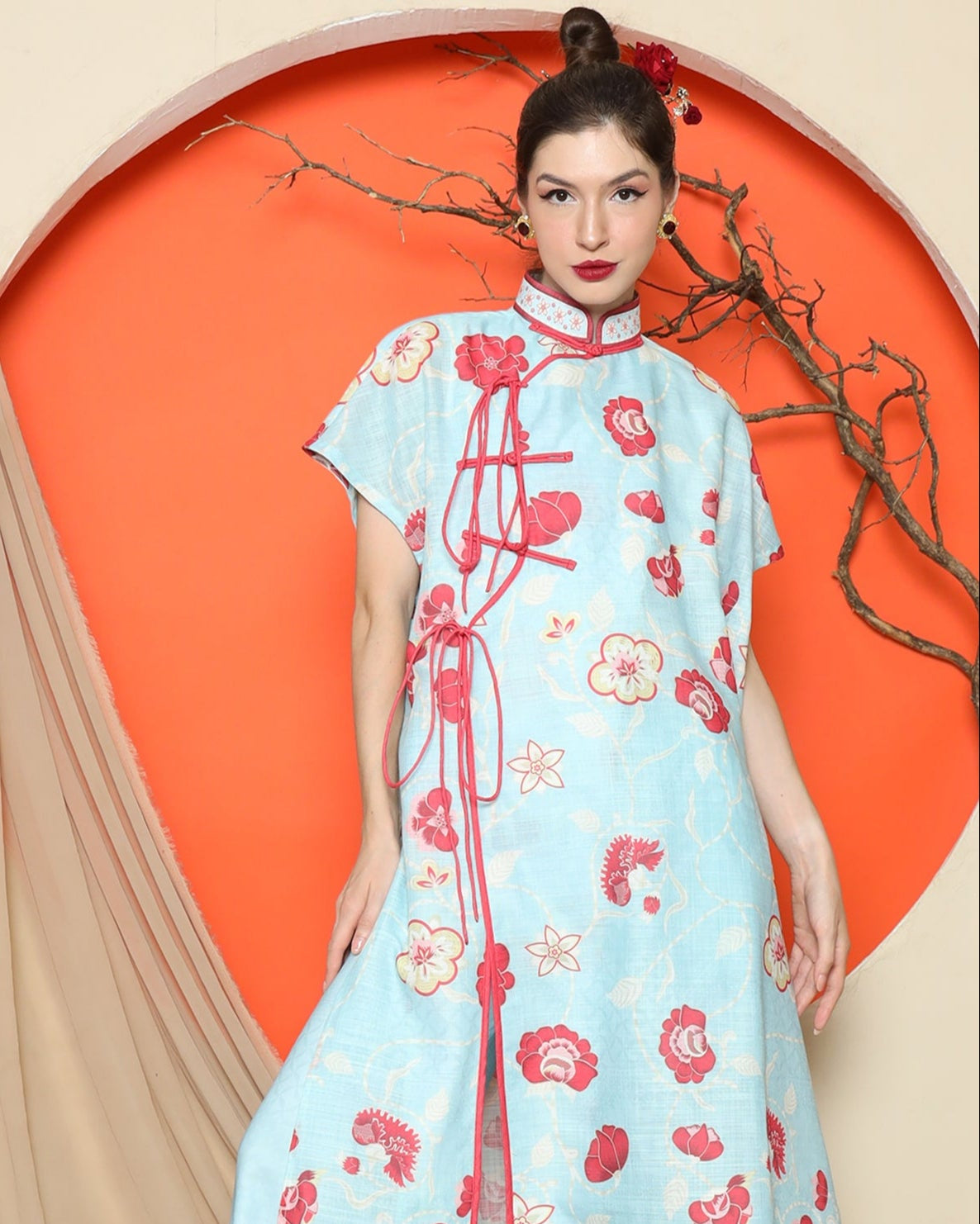 KANZI COLLECTION | Blue Oriental Floral Cheongsam Pant Set