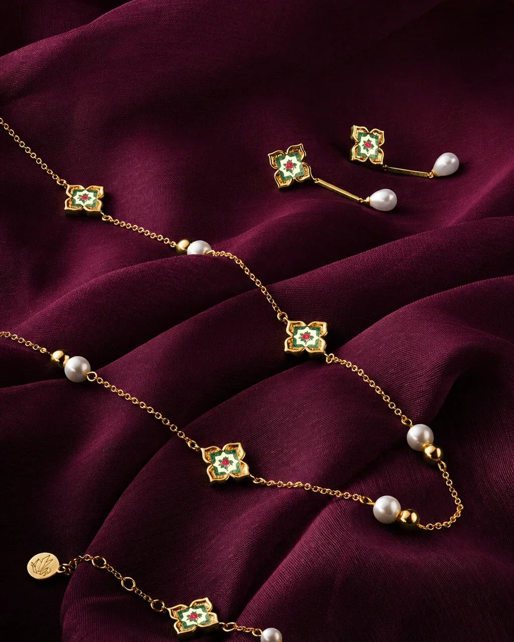 RARE BIRD COLLECTION | Peranakan Floral Pearl Long Necklace | Emerald