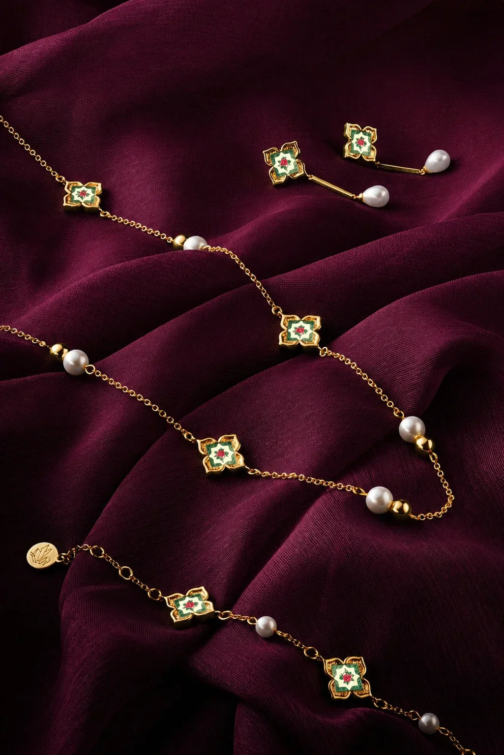 RARE BIRD COLLECTION | Peranakan Floral Pearl Long Necklace | Emerald