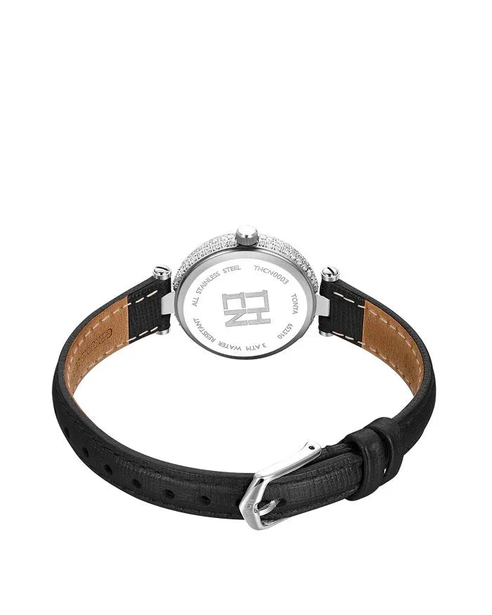 BLACK BY BLUE BRAVE | THCN T· I Mother-of-Pearl Dial Black Leather Strap Watch | Silver