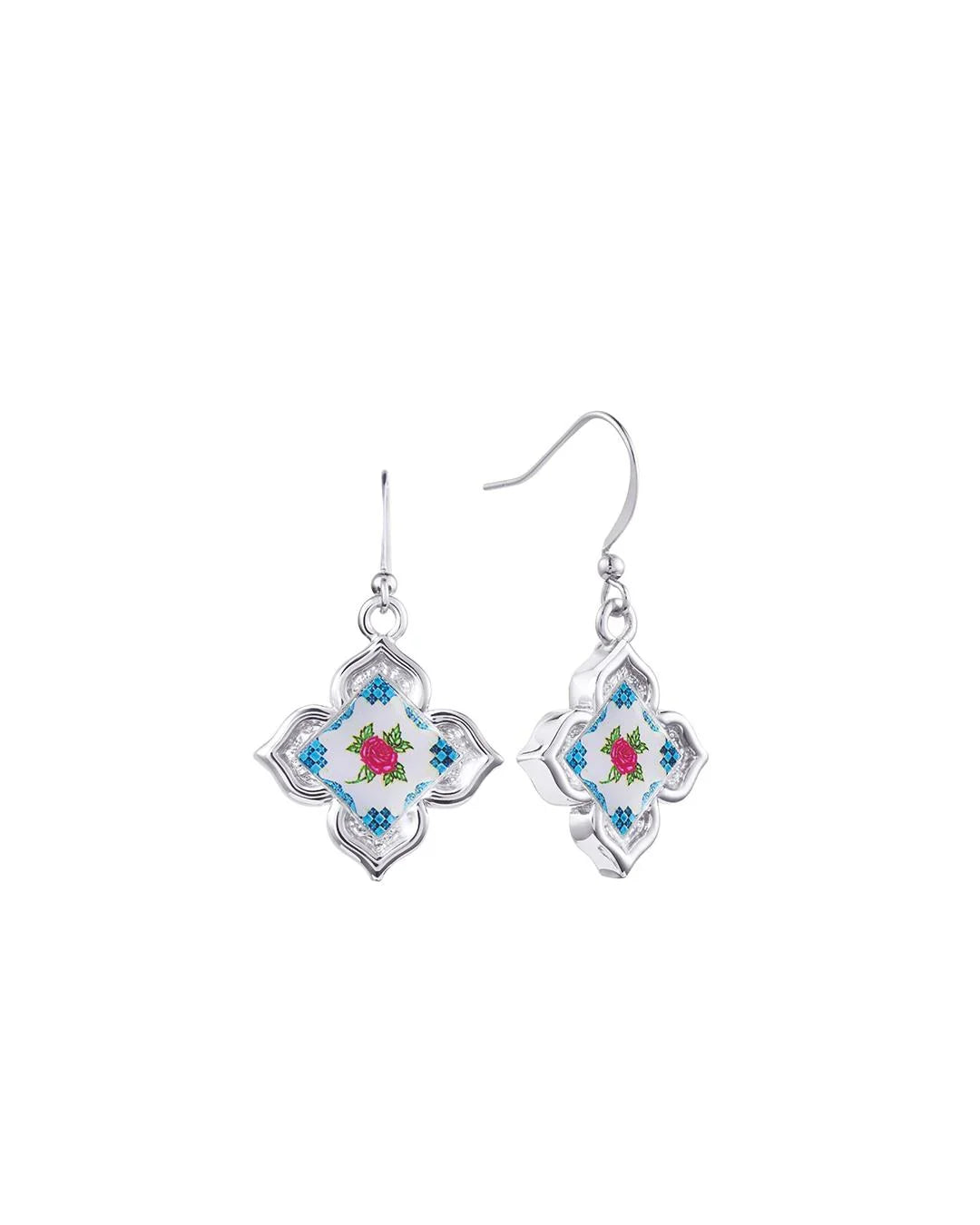 RARE BIRD COLLECTION | Peranakan Floral Hook Earrings - Silver Flora Rose