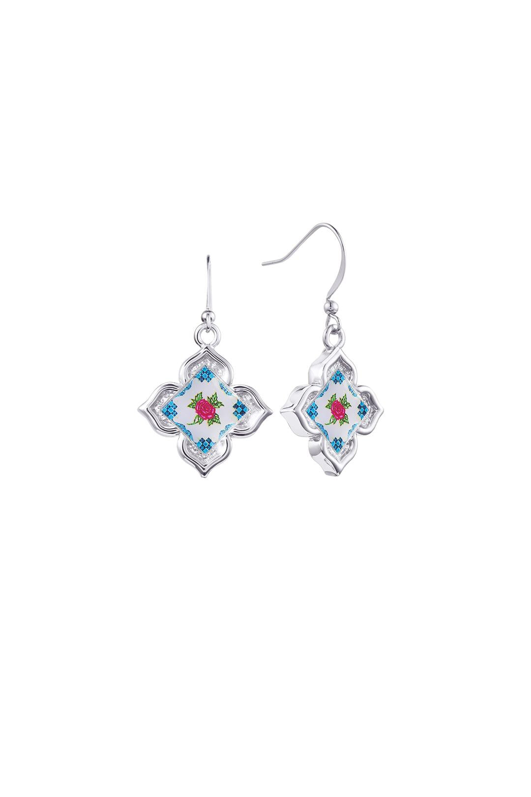 RARE BIRD COLLECTION | Peranakan Floral Hook Earrings - Silver Flora Rose
