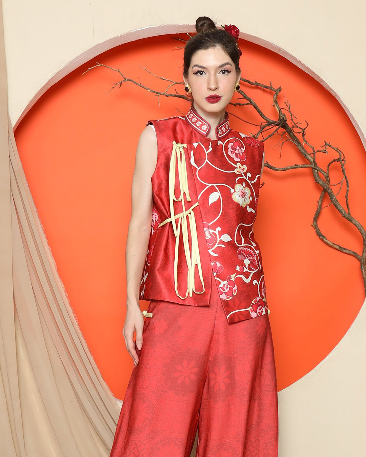 KANZI COLLECTION | Red Cheongsam Floral Vest With Floral Pants Set