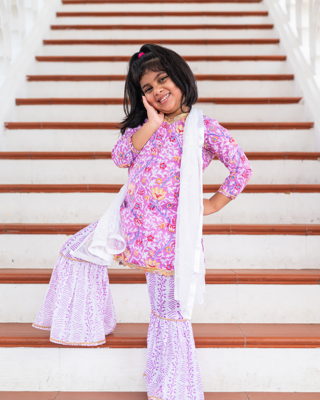 NIMBU | Devi Mauve Girls Handblock Print Kurti Sharara