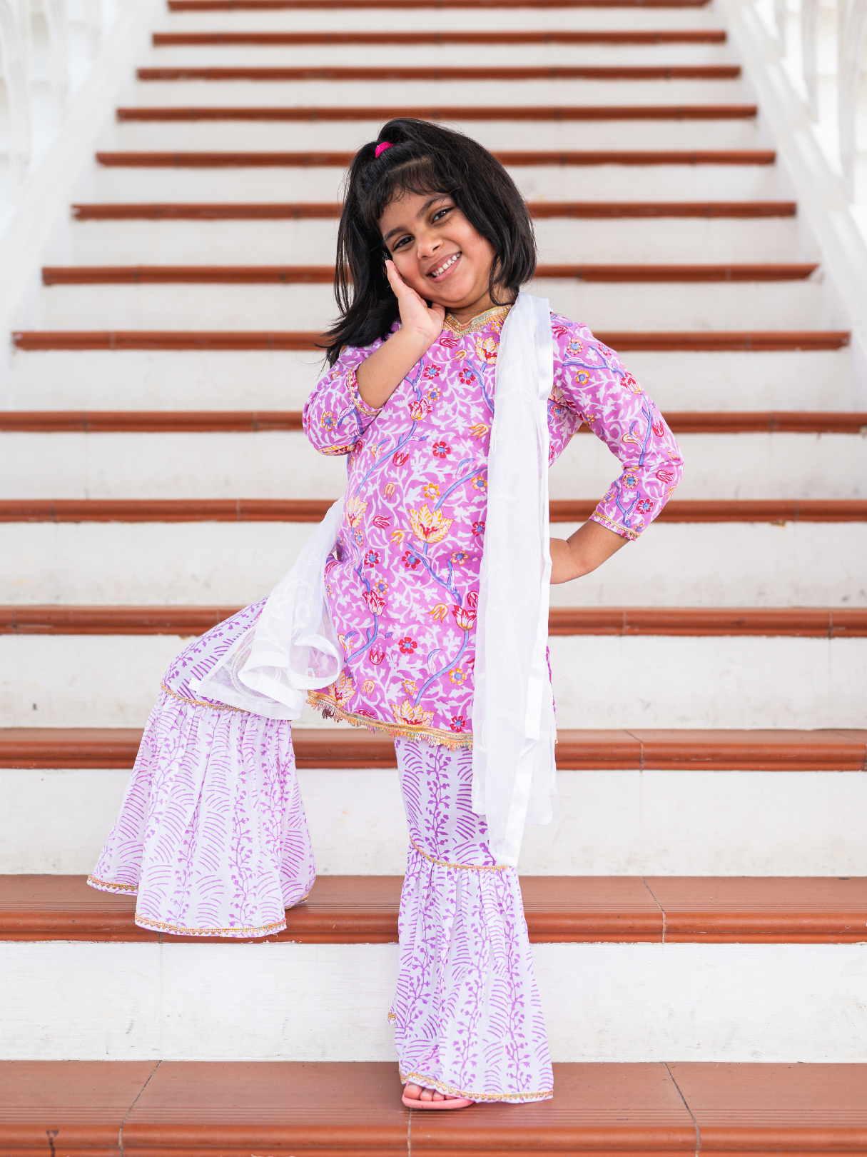 NIMBU | Devi Mauve Girls Handblock Print Kurti Sharara