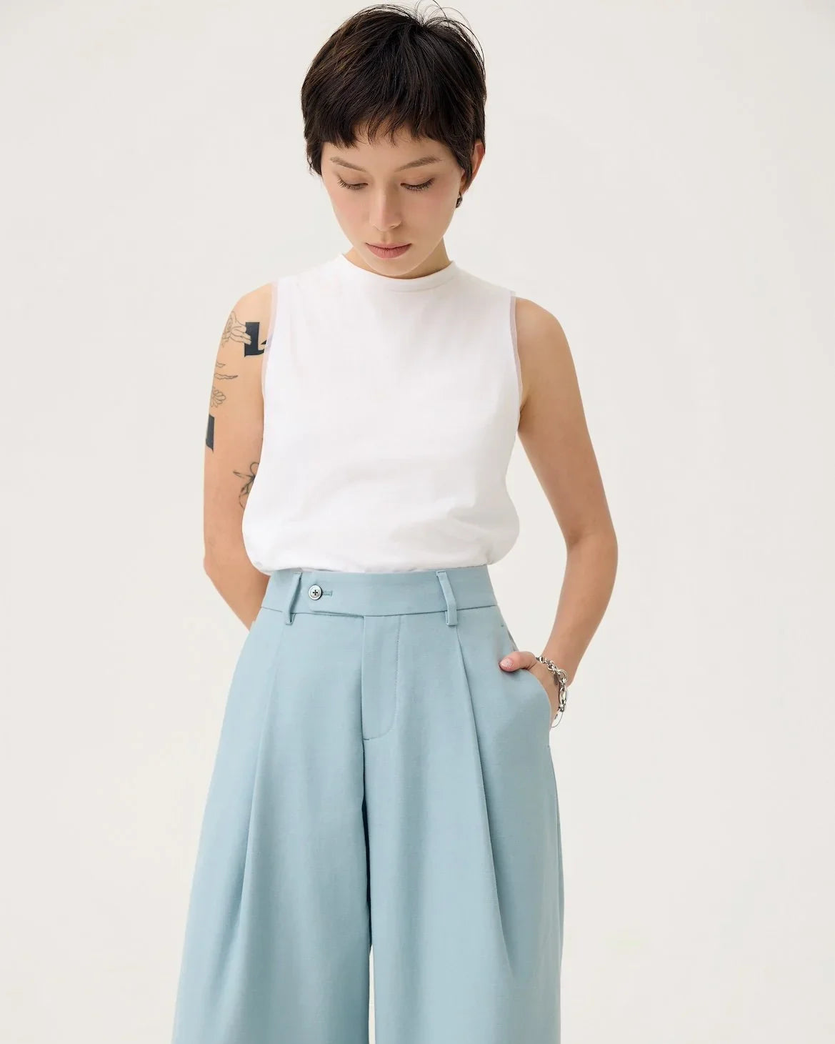 3EIGHTH | Nagare Pleat Trousers in Steel Blue