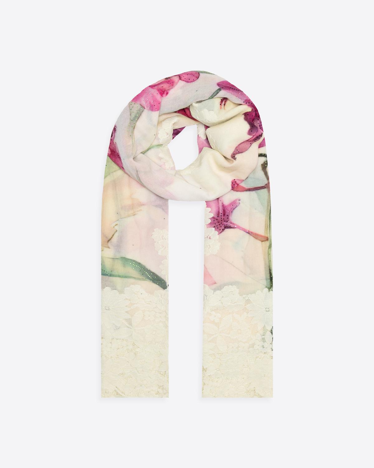 QUEENMARK | AN Assorted Lace Print Crystal Shawl Ivory Pink Flower