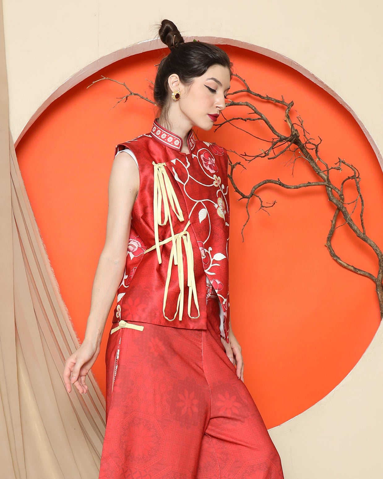 KANZI COLLECTION | Red Cheongsam Floral Vest With Floral Pants Set