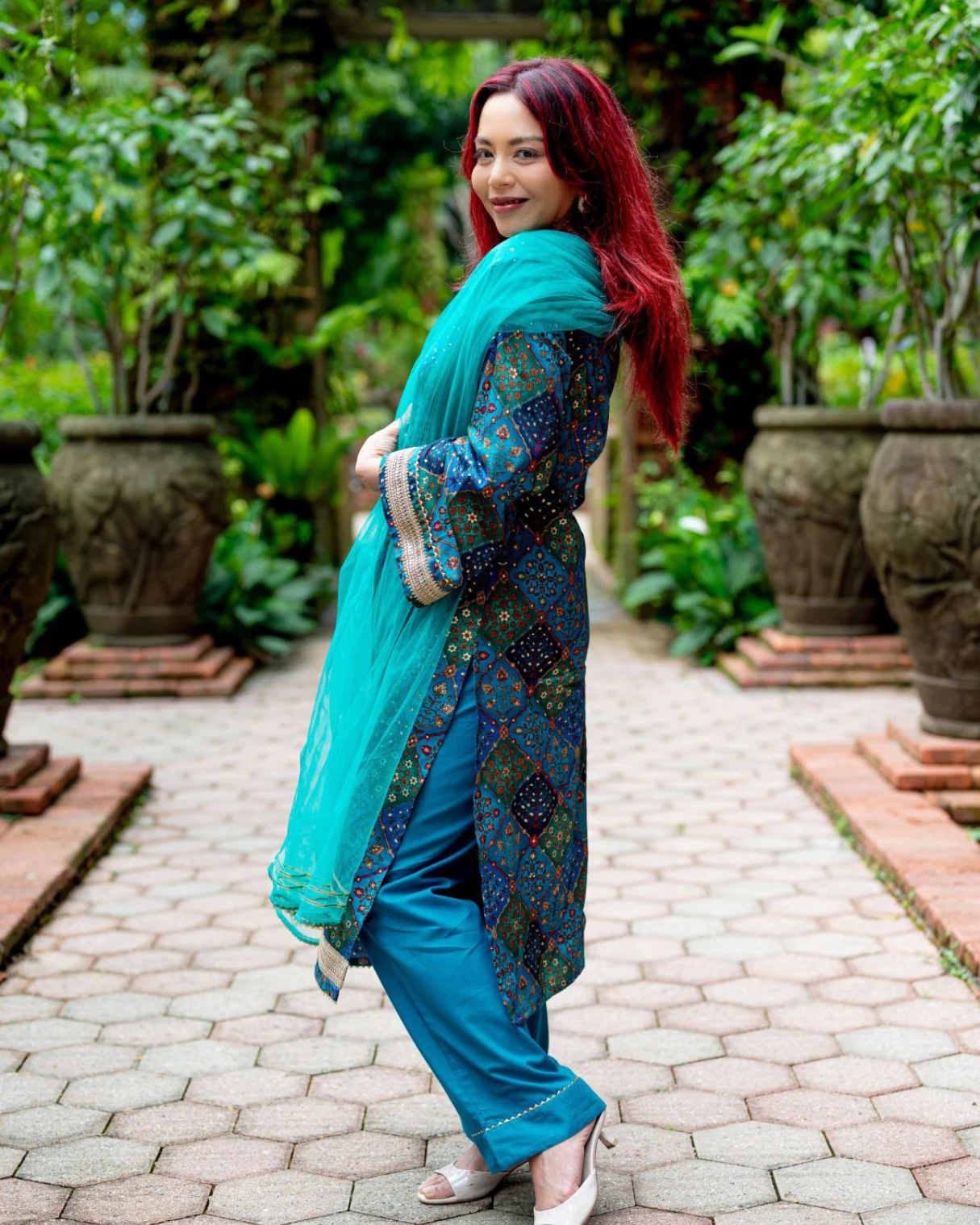 NIMBU | Shan Green Women's 3pc Kurta Set With Dupatta In Muslin Cotton