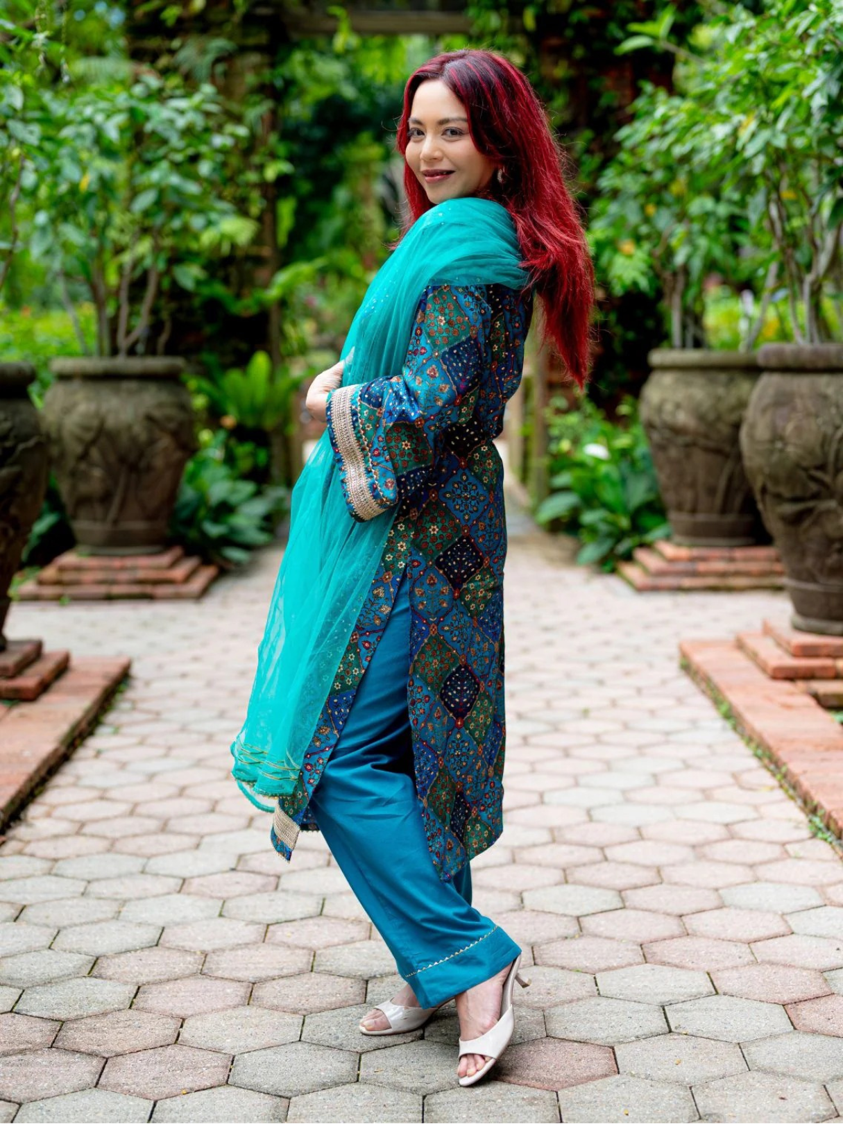 NIMBU | Shan Green Women's 3pc Kurta Set With Dupatta In Muslin Cotton