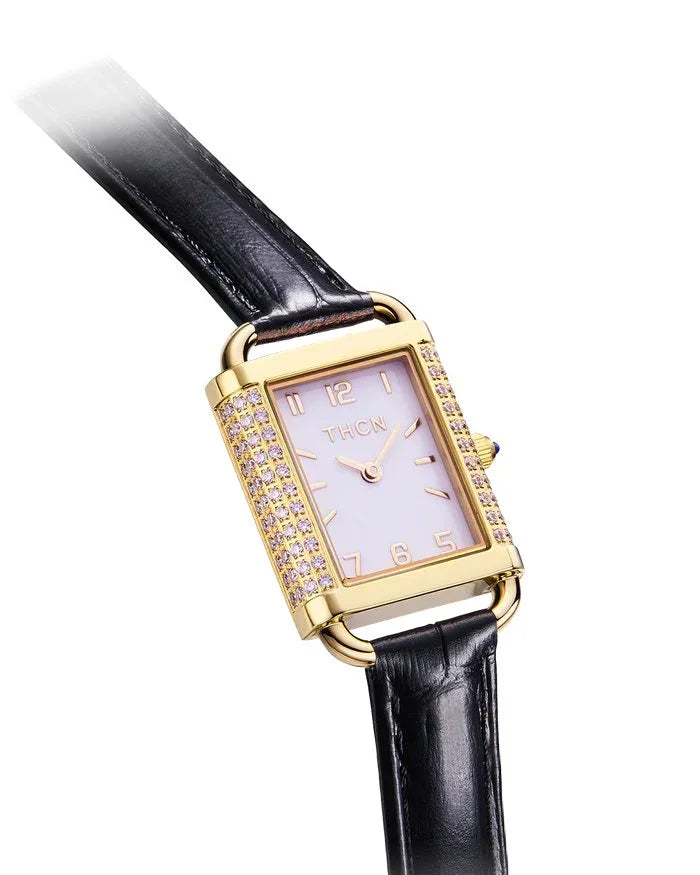 BLACK BY BLUE BRAVE | THCN Hยท II Eggshell White Dial Black Leather Strap Watch | Gold