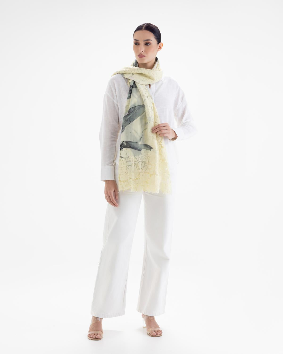 QUEENMARK | AN Assorted Lace Print Crystal Shawl Ivory Dark Green Flower