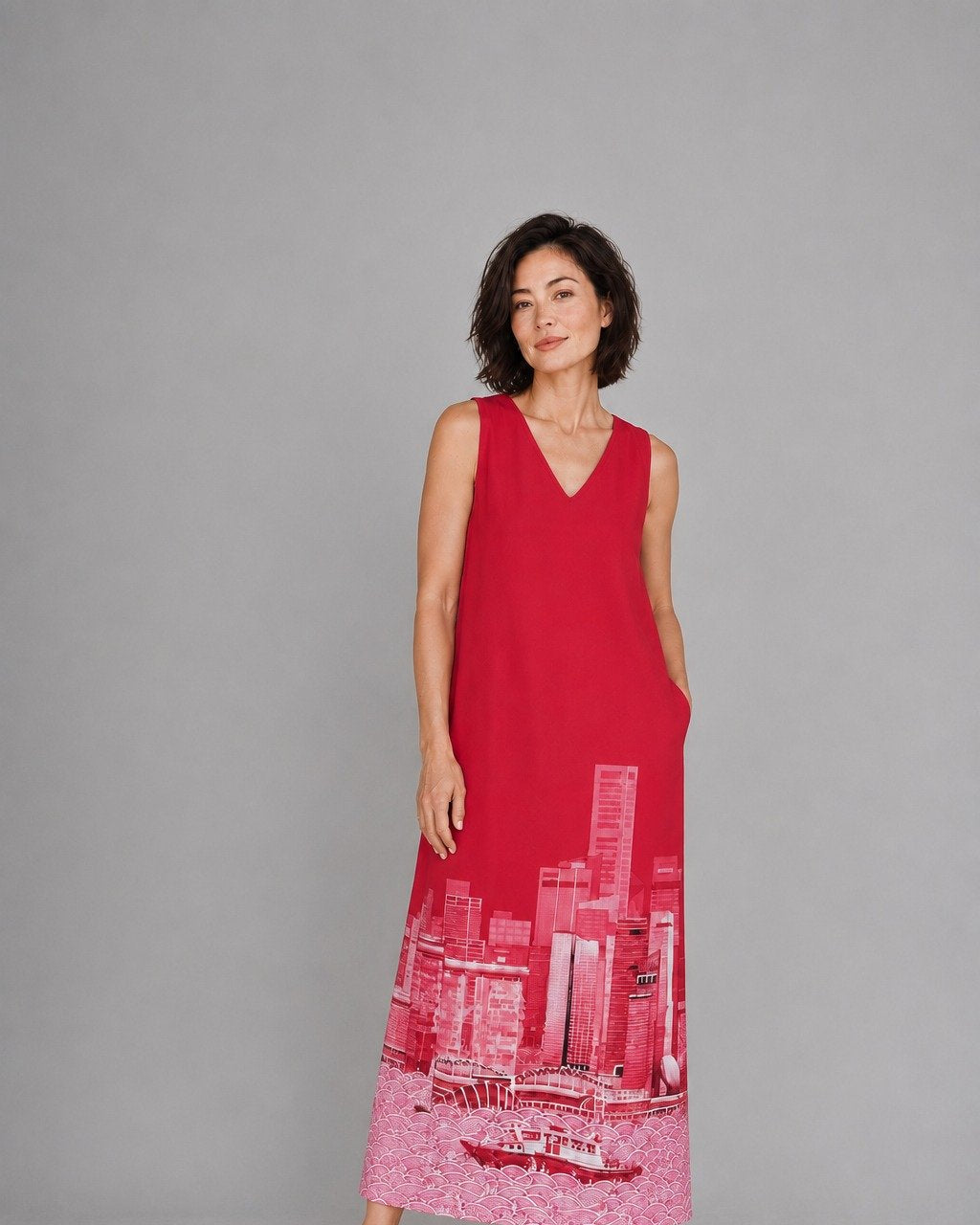 ANS.EIN | SINGAPORE SKYLINE Red Maxi Dress