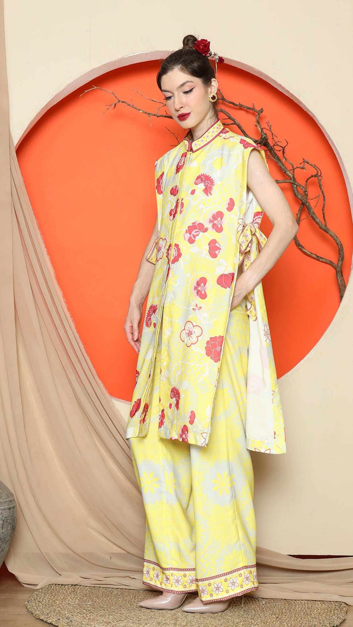 KANZI COLLECTION | Yellow Vest Kimono Jacquard Floral Pant Set