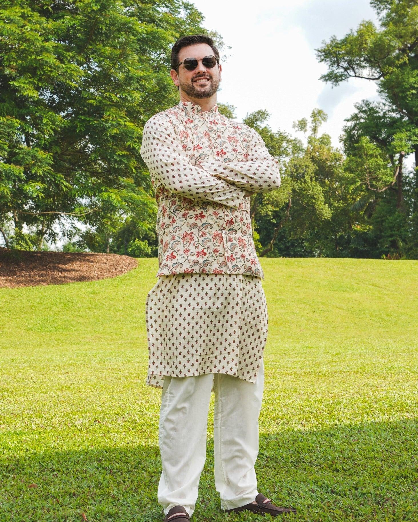 NIMBU | Nia Mens Pearl White Floral Kurta Pajama Jacket Set In Muslin Cotton