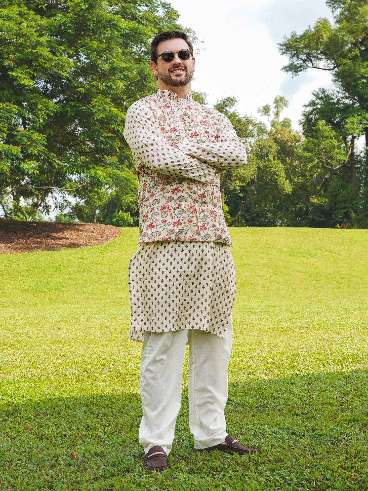 NIMBU | Nia Mens Pearl White Floral Kurta Pajama Jacket Set In Muslin Cotton