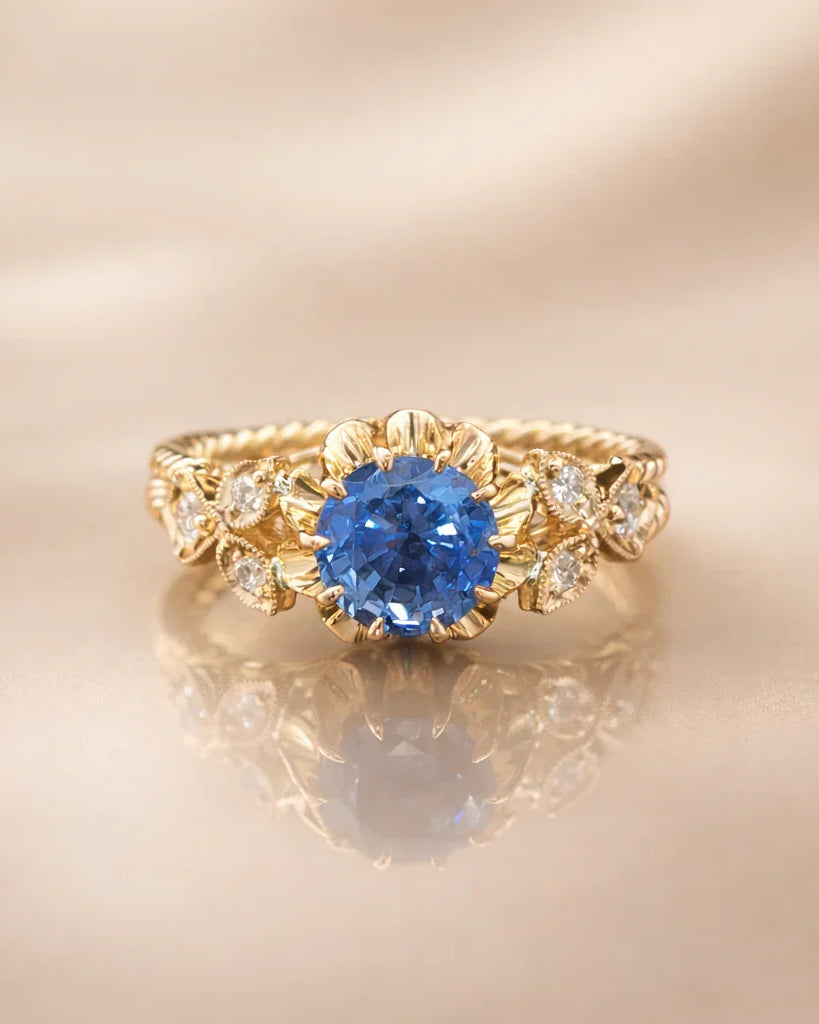 FOUNDATION JEWELLERS | 750 Y/G Peranakan Natural Diamond Ring With 'Flower' 3.41gm, D6-0.12ct, B. Sap 1 - 1.32ct