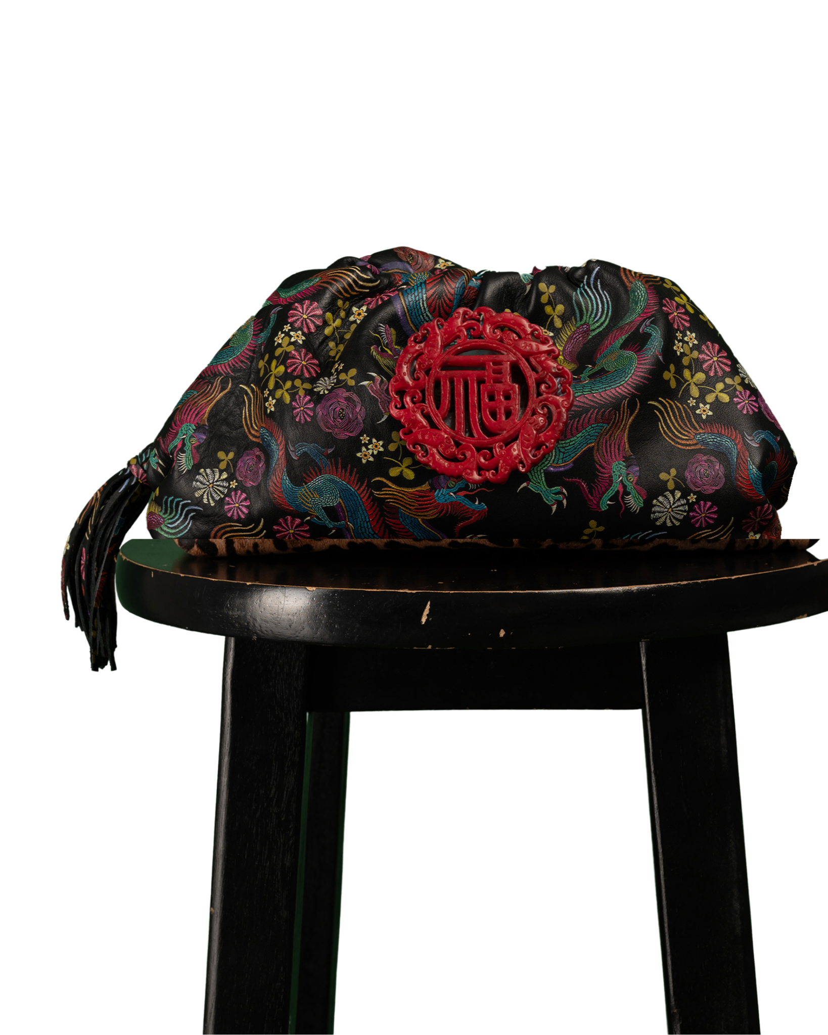 DESTI SAINT | Nzuri Patty Pouch | Dragon Print Leather w Red Jade Stone Ingot