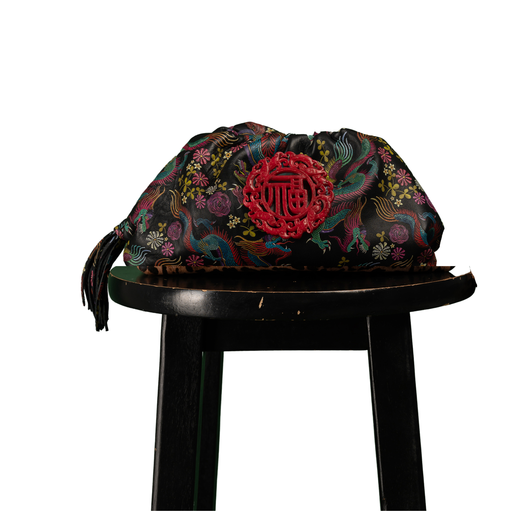 DESTI SAINT | Nzuri Patty Pouch | Dragon Print Leather w Red Jade Stone Ingot