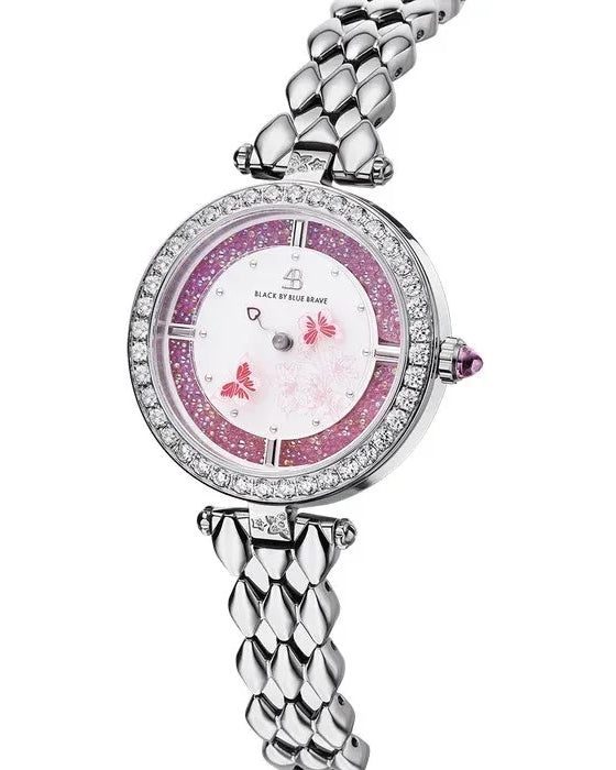 BLACK BY BLUE BRAVE | Butterfly Lovers 34mm Pink Dial Moving Butterfly Hands Silver Bracelet Watch