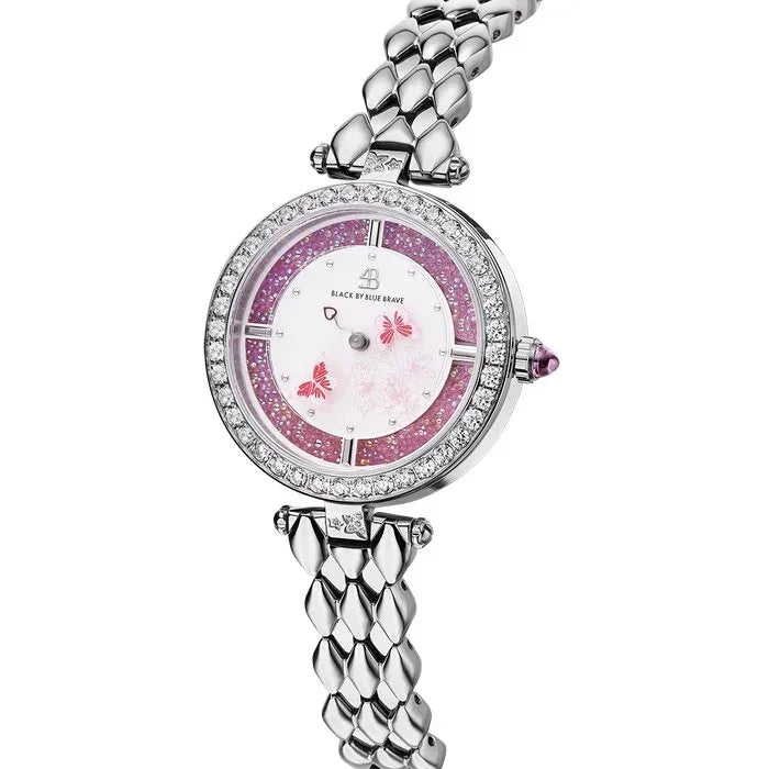 BLACK BY BLUE BRAVE | Butterfly Lovers 34mm Pink Dial Moving Butterfly Hands Silver Bracelet Watch
