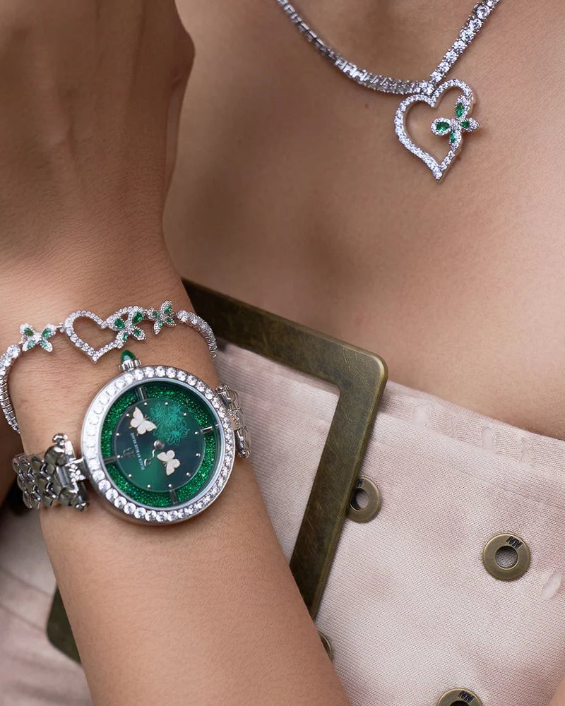 BLACK BY BLUE BRAVE | Butterfly Lovers 34mm Green Dial Moving Butterfly Hands Silver Bracelet Watch