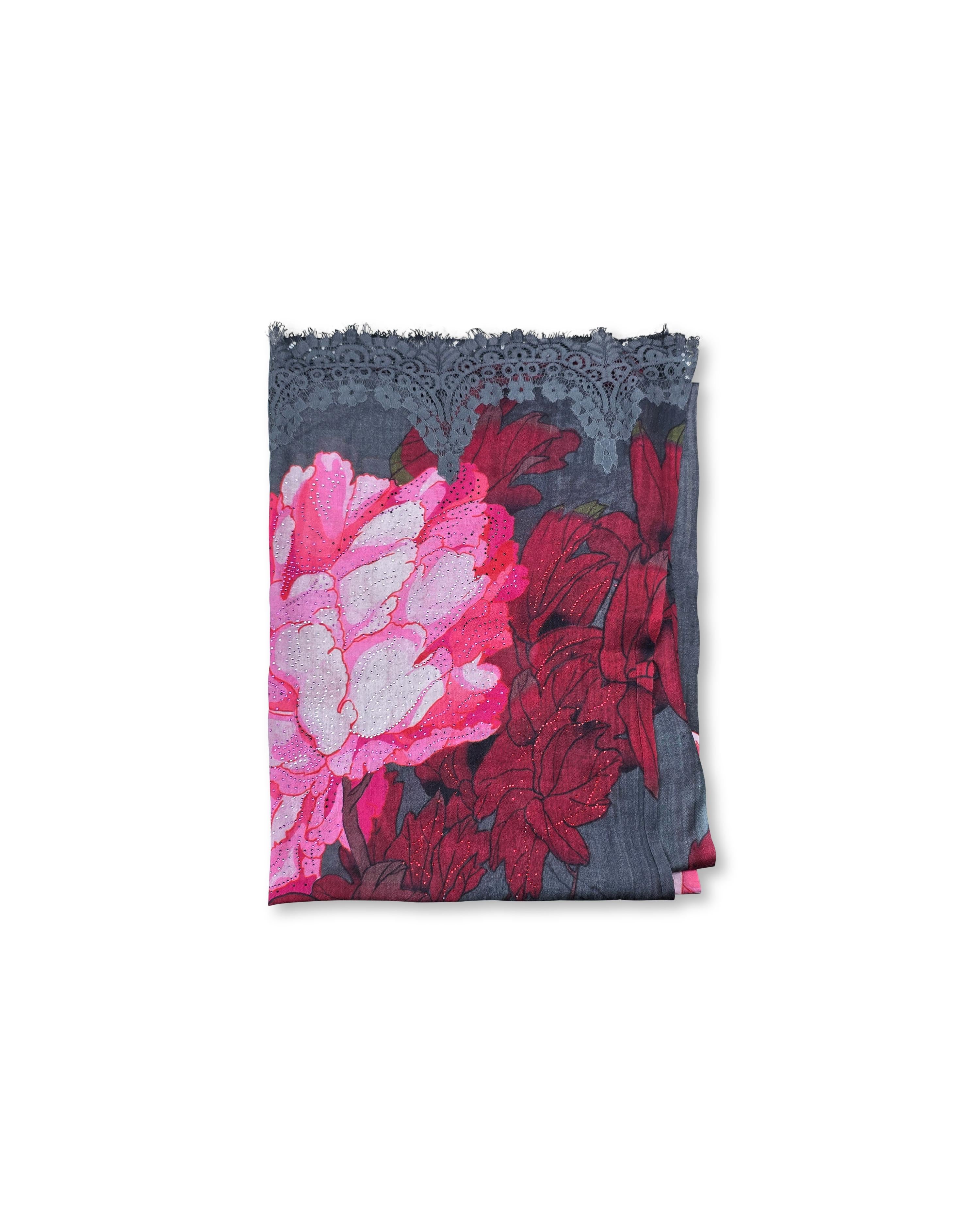 QUEENMARK | AN Printed Shawl 2024 Assorted Grey Pink Flower