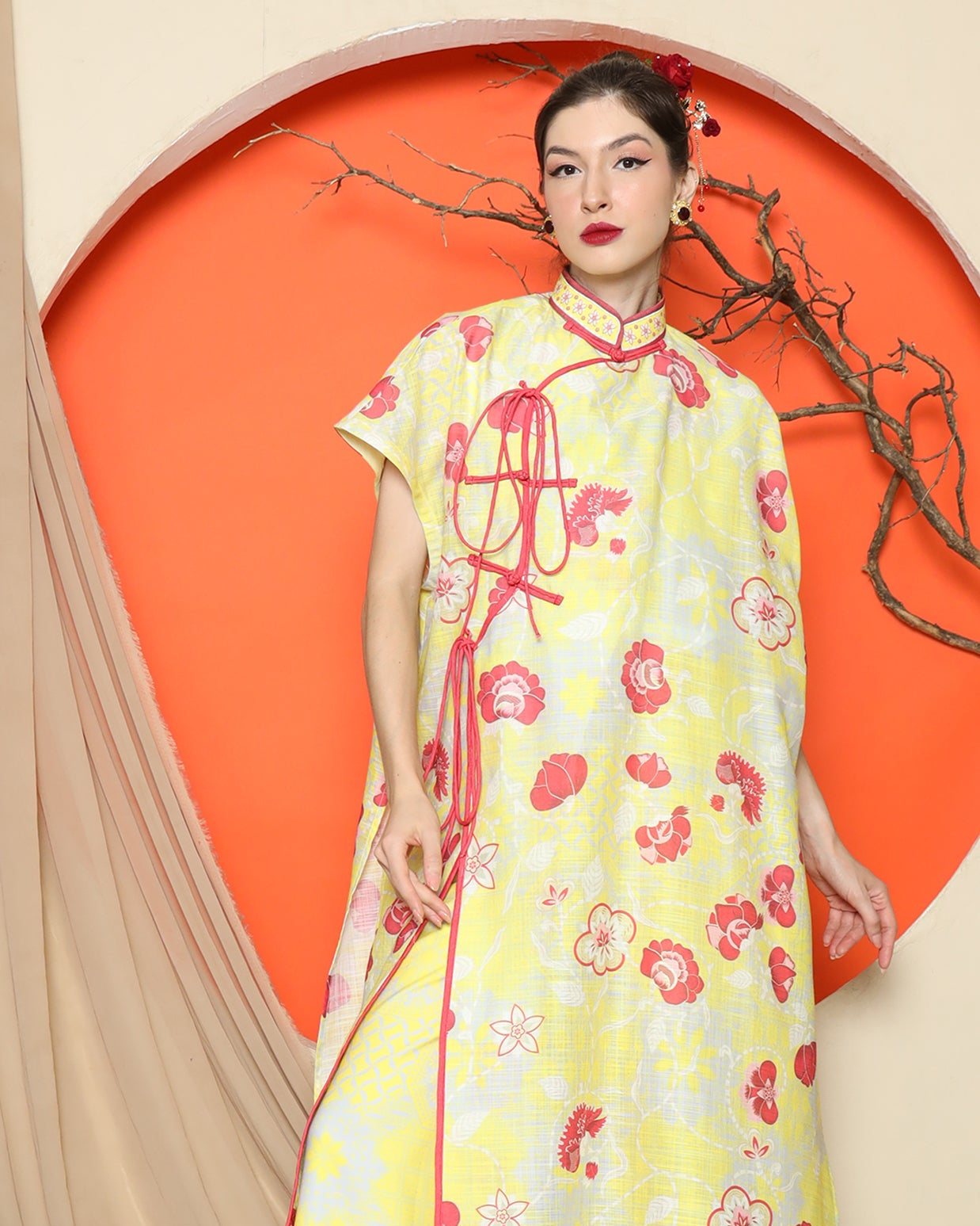 KANZI COLLECTION | Yellow Oriental Floral Cheongsam Pant Set