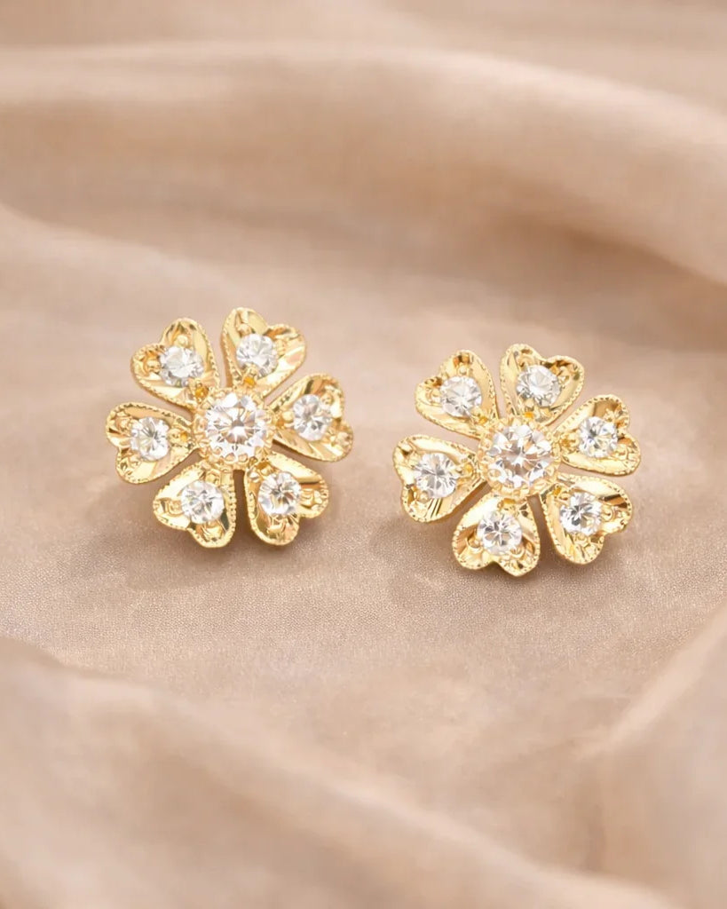 FOUNDATION JEWELLERS | 750 Y/G Peranakan Natural Diamond Stud Earrings "Flower" 4.03gm D2-0.22ct D12-0.41ct
